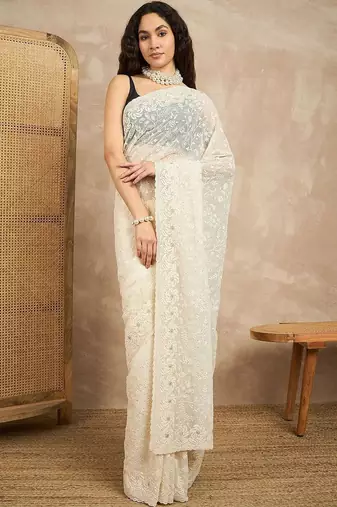 White floral embroidered chikankari  georgette saree