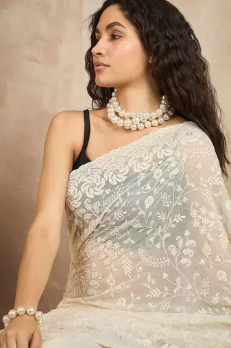White floral embroidered chikankari  georgette saree