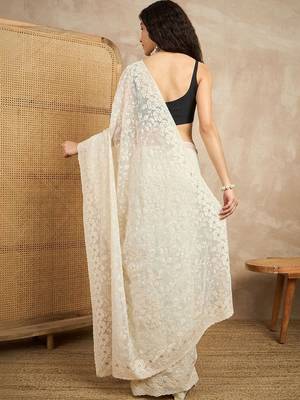 White floral embroidered chikankari  georgette saree 4