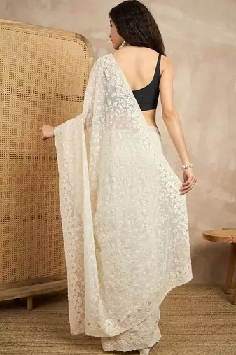 White floral embroidered chikankari  georgette saree