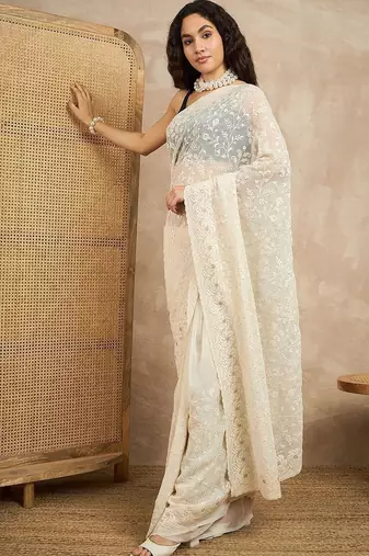 White floral embroidered chikankari  georgette saree
