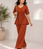 Women's rust solid short sleeve top with elastic waist trousers co-ord
