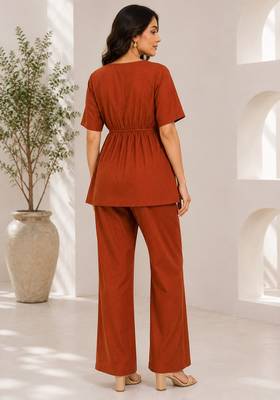 Women's rust solid short sleeve top with elastic waist trousers co-ord 3