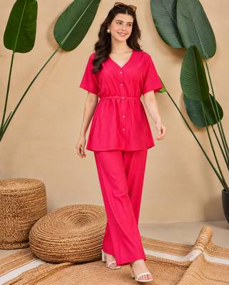 Women's pink solid short sleeve top with elastic waist trousers co-ord 1