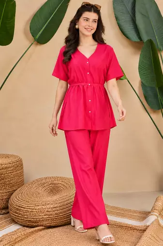 Women's pink solid short sleeve top with elastic waist trousers co-ord