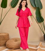 Women's pink solid short sleeve top with elastic waist trousers co-ord