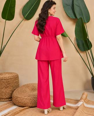 Women's pink solid short sleeve top with elastic waist trousers co-ord 2
