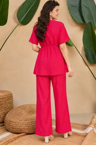Women's pink solid short sleeve top with elastic waist trousers co-ord
