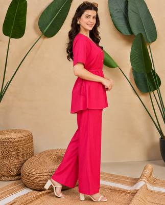 Women's pink solid short sleeve top with elastic waist trousers co-ord 3