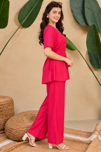 Women's pink solid short sleeve top with elastic waist trousers co-ord