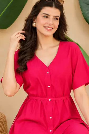 Women's pink solid short sleeve top with elastic waist trousers co-ord