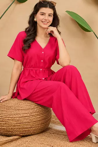 Women's pink solid short sleeve top with elastic waist trousers co-ord