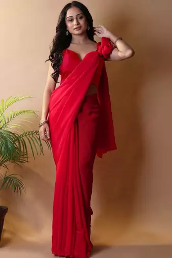 Red poly georgette saree