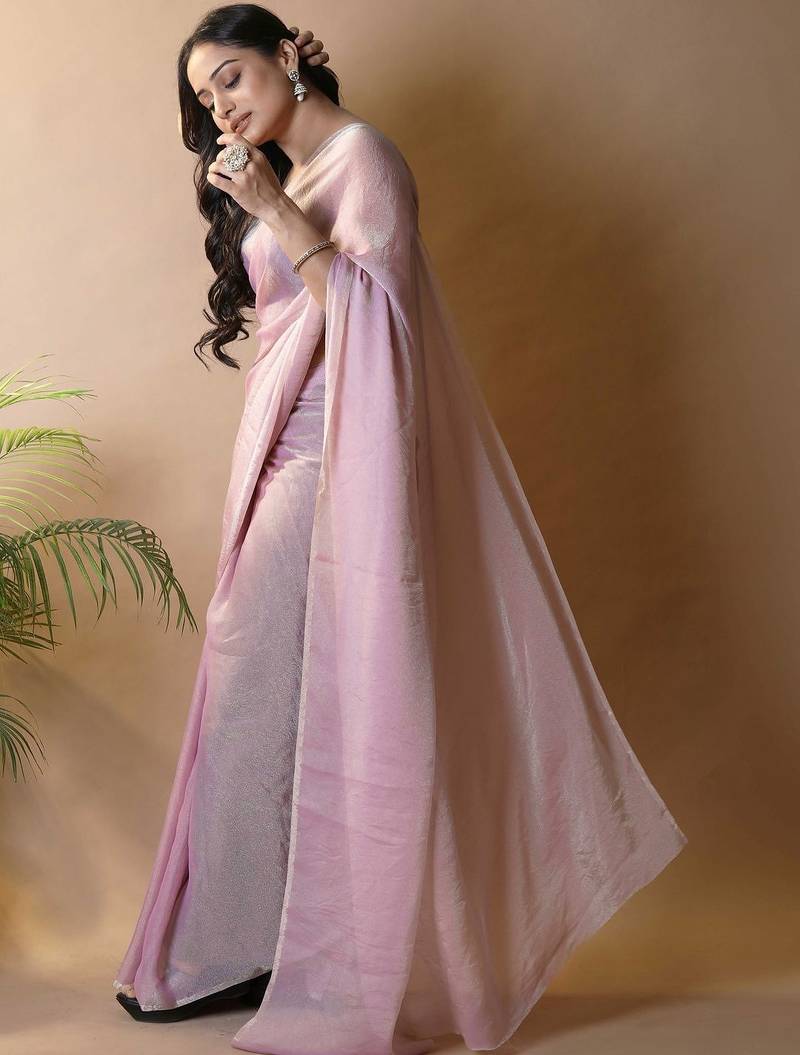 Pink poly georgette saree
