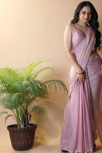 Pink poly georgette saree