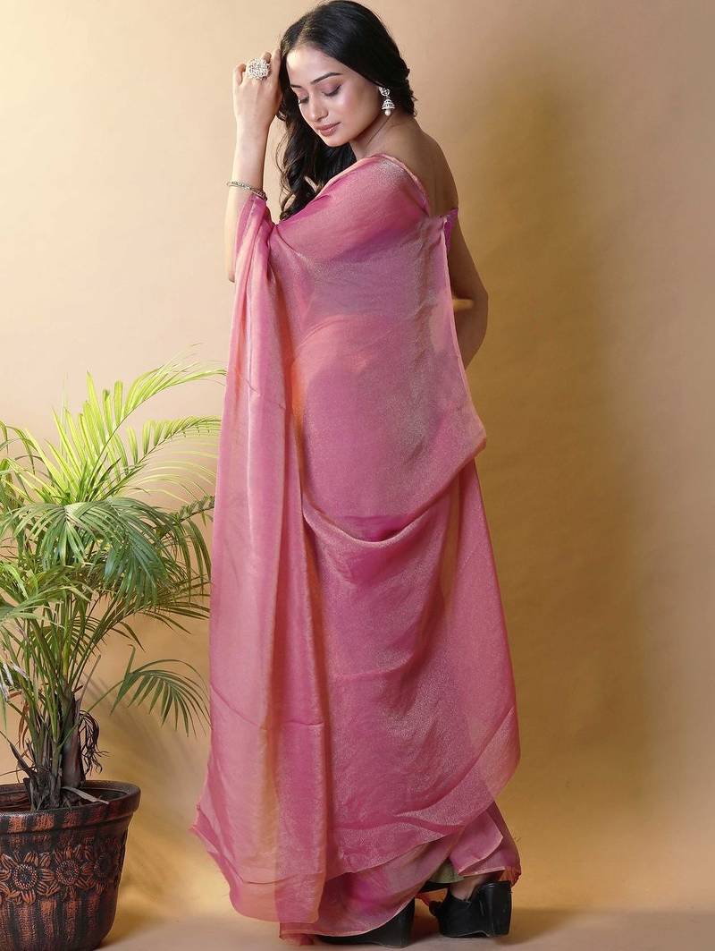 Pink poly georgette saree