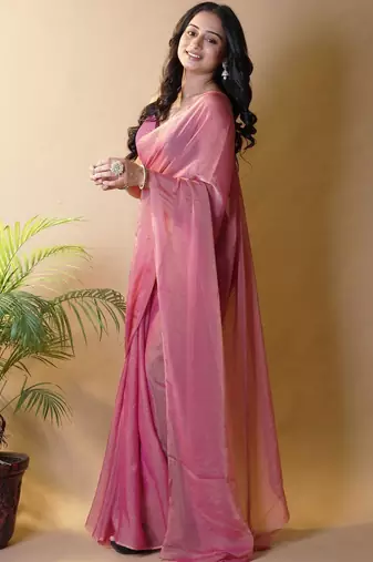 Pink poly georgette saree