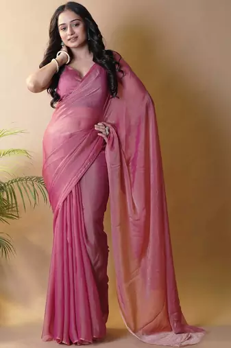 Pink poly georgette saree