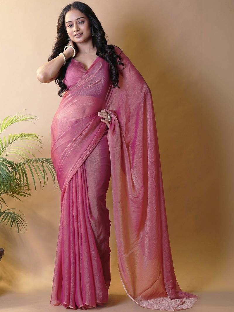 Pink poly georgette saree