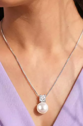 White pendant chain necklace pearl crystal studded stylish design jewelry for women