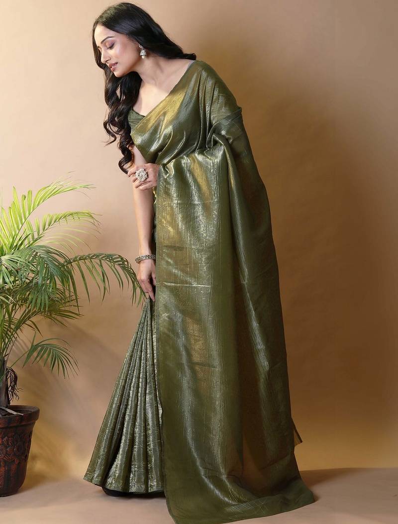 Olive woven design tissue saree