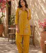 Women's yellow ethnic motif embroidered tunic with straight fit trousers