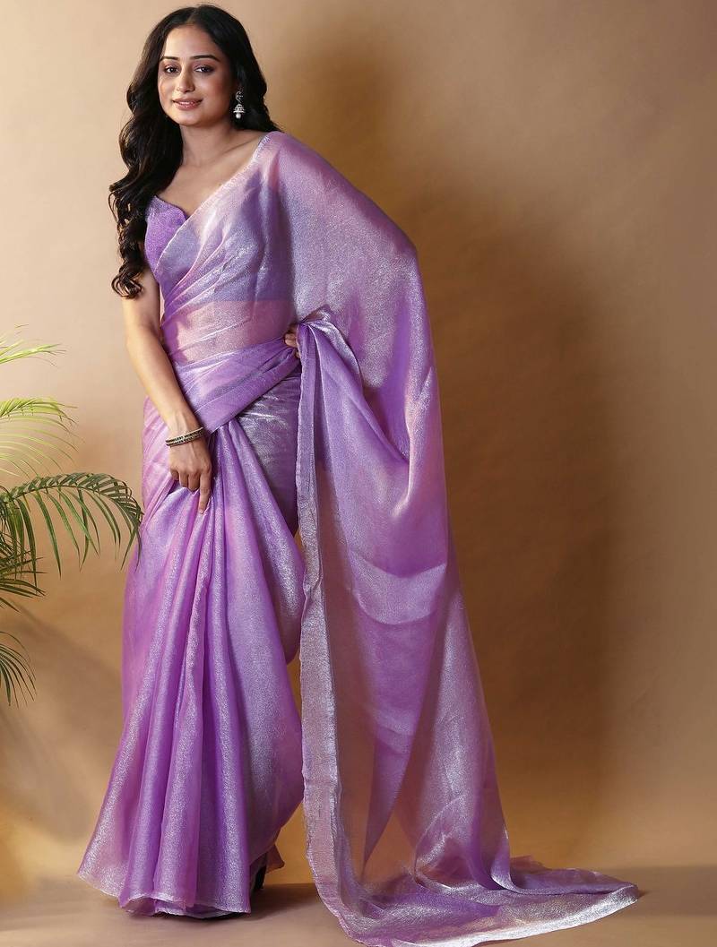Purple poly chiffon designer saree