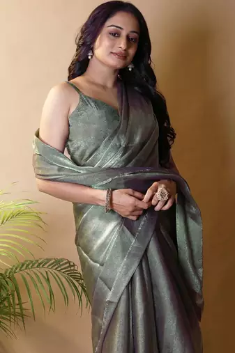 Olive floral woven design poly chiffon saree
