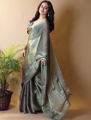 Olive floral woven design poly chiffon saree 2