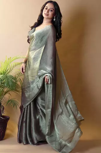 Olive floral woven design poly chiffon saree