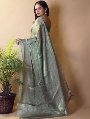Olive floral woven design poly chiffon saree 3