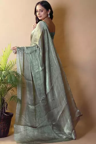 Olive floral woven design poly chiffon saree