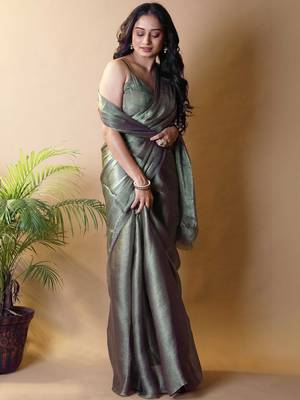 Olive floral woven design poly chiffon saree 4