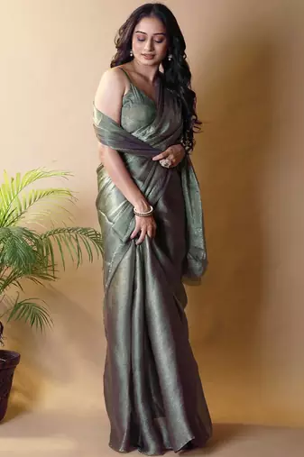 Olive floral woven design poly chiffon saree