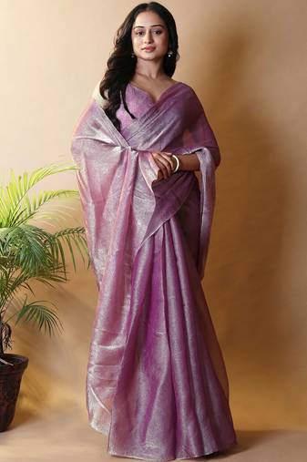 Purple woven design poly chiffon heavy work saree