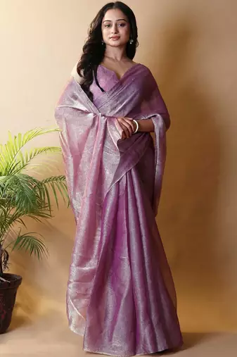 Purple woven design poly chiffon heavy work saree