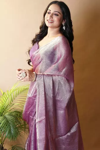 Purple woven design poly chiffon heavy work saree