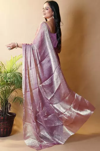 Purple woven design poly chiffon heavy work saree