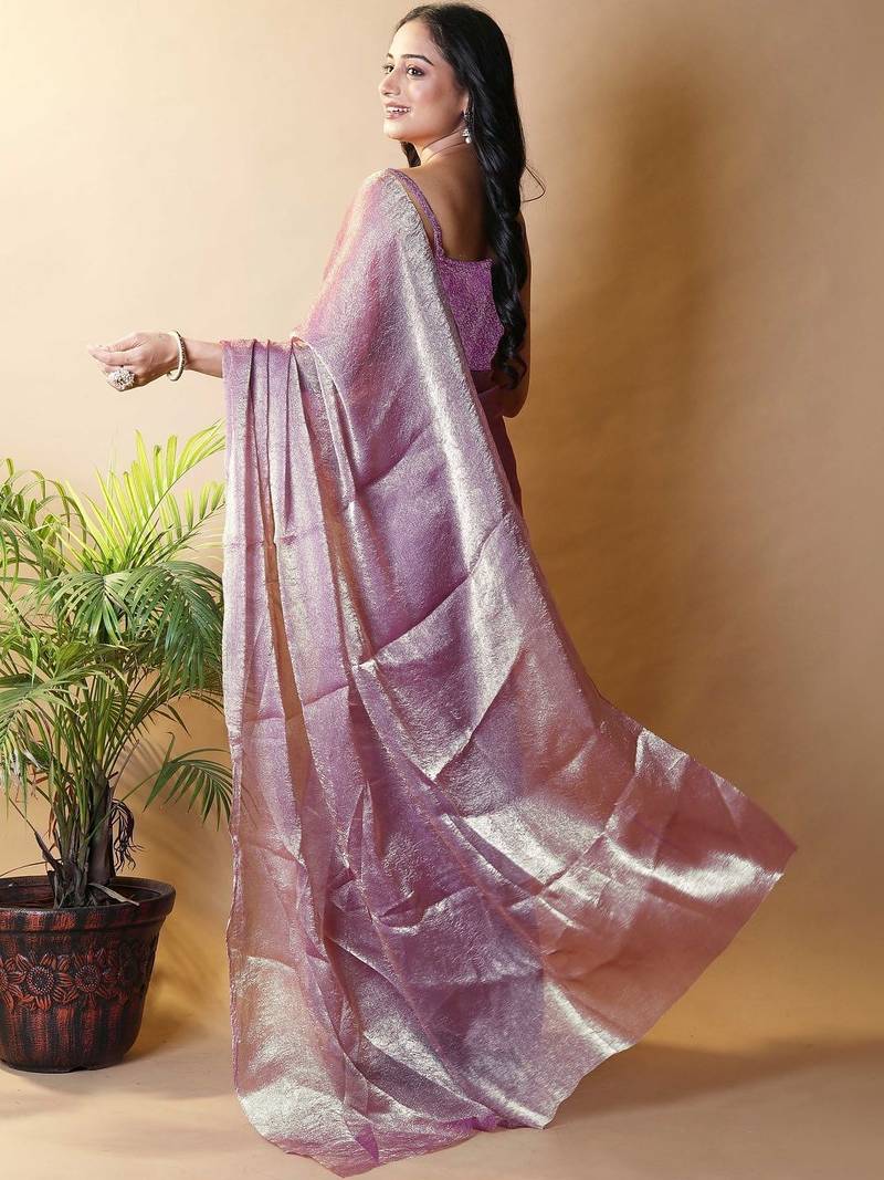 Purple woven design poly chiffon heavy work saree