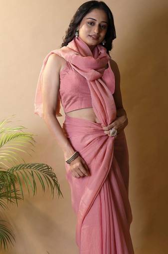 Pink woven design poly georgette saree