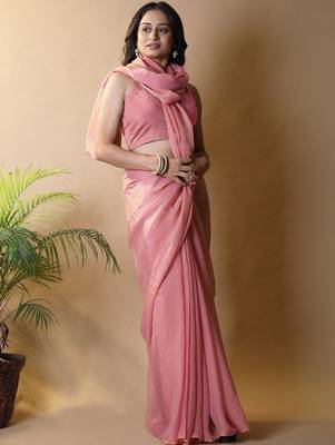 Pink woven design poly georgette saree 4