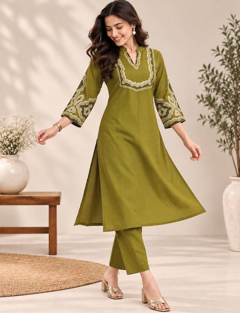 Women's floral yoke design thread work straight kurta with trousers