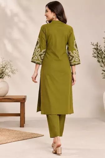 Women's floral yoke design thread work straight kurta with trousers