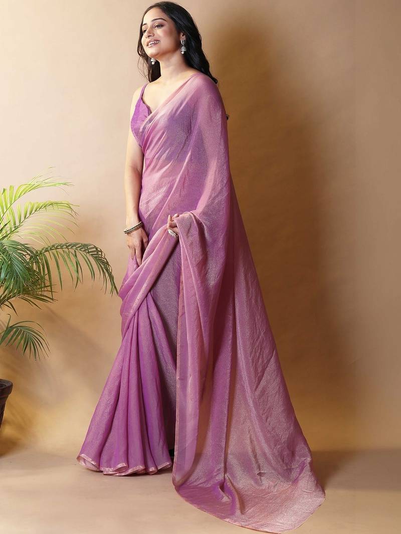 Purple woven design poly georgette saree