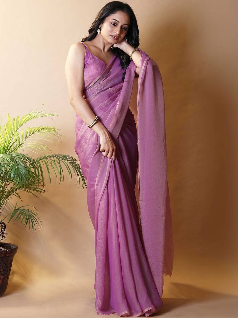Purple woven design poly georgette saree