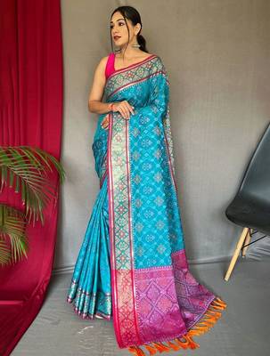Blue woven design zari patola saree 1