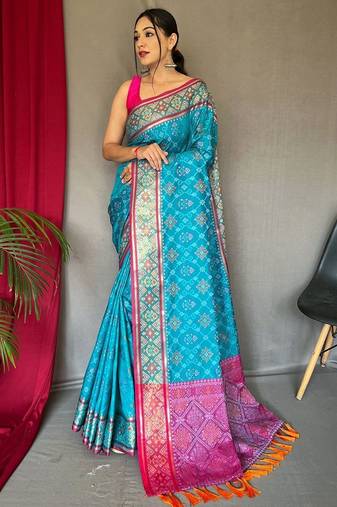 Blue woven design zari patola saree