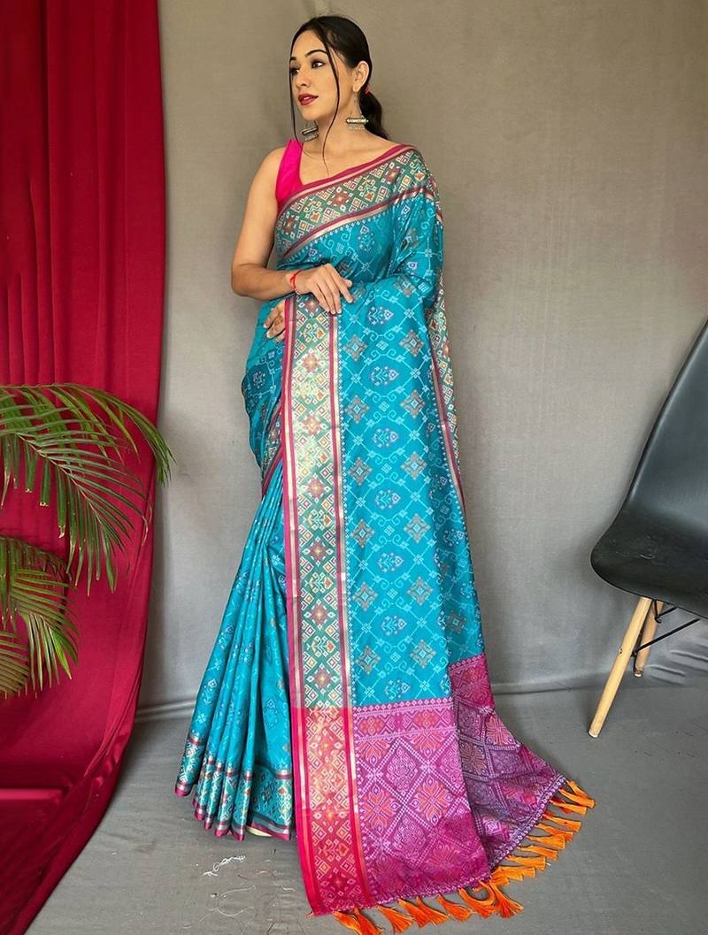 Blue woven design zari patola saree