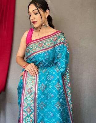 Blue woven design zari patola saree 3