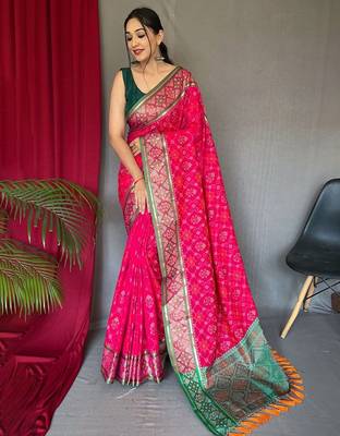 Pink woven design zari patola saree 1